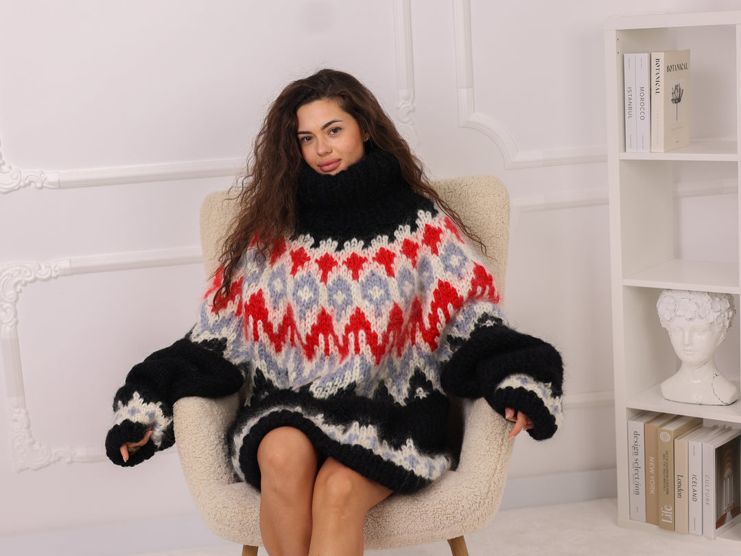 cIcelandic Mohair Sweater, Black Fair Isle Pullover, Oversized Turtleneck Winter Knit T2281