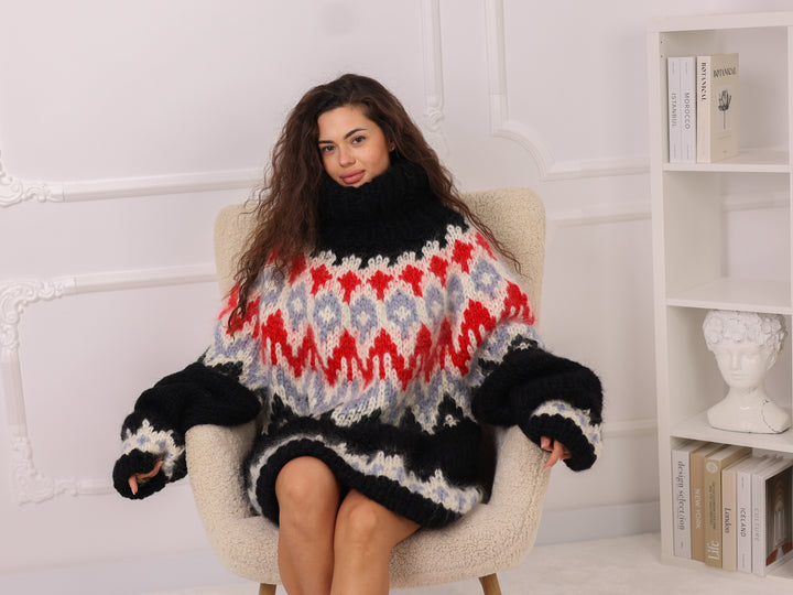 cIcelandic Mohair Sweater, Black Fair Isle Pullover, Oversized Turtleneck Winter Knit T2281