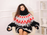 Isländischer Mohair-Pullover, schwarzer Fair Isle Pullover, übergroßer Rollkragen-Winterstrick T2281