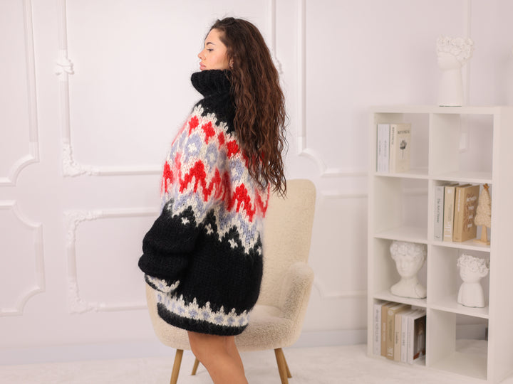 cIcelandic Mohair Sweater, Black Fair Isle Pullover, Oversized Turtleneck Winter Knit T2281