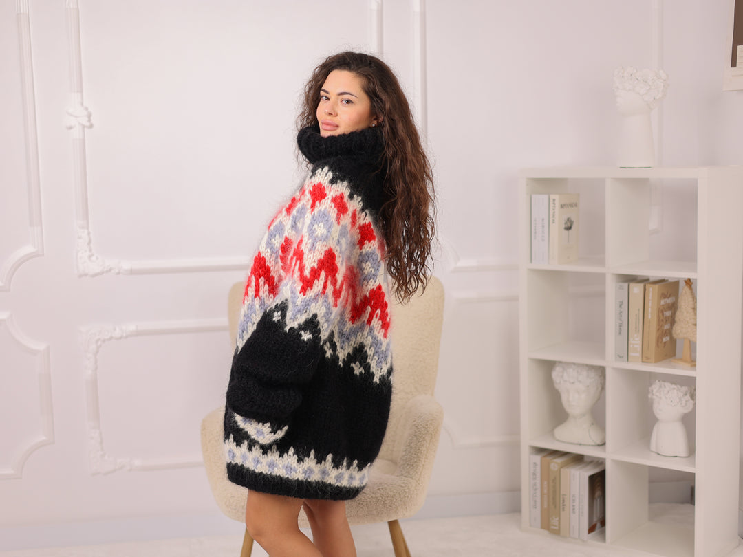 cIcelandic Mohair Sweater, Black Fair Isle Pullover, Oversized Turtleneck Winter Knit T2281