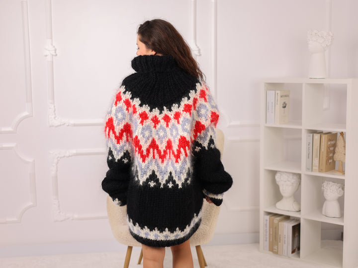 cIcelandic Mohair Sweater, Black Fair Isle Pullover, Oversized Turtleneck Winter Knit T2281