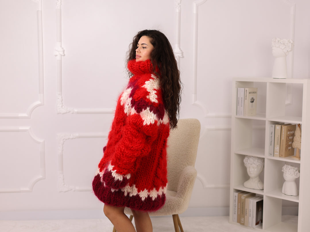 Mohair Sweater, Red Oversized Turtleneck Pullover, Chunky Nordic Knit Winter Style T2283