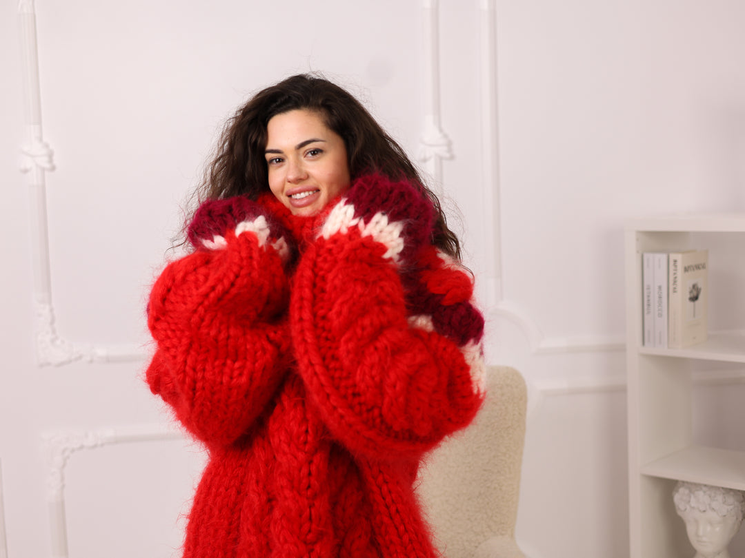Mohair Sweater, Red Oversized Turtleneck Pullover, Chunky Nordic Knit Winter Style T2283