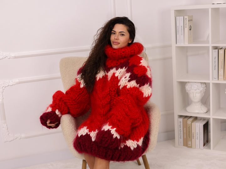 Mohair Sweater, Red Oversized Turtleneck Pullover, Chunky Nordic Knit Winter Style T2283