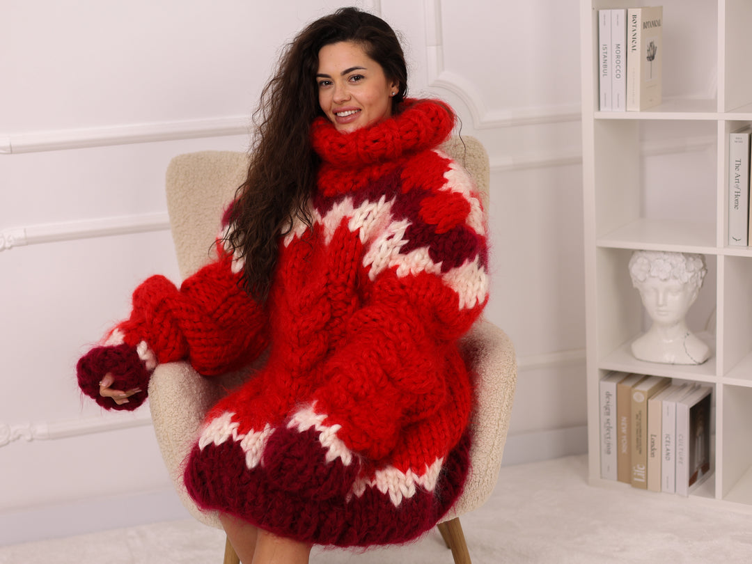 Mohair Sweater, Red Oversized Turtleneck Pullover, Chunky Nordic Knit Winter Style T2283