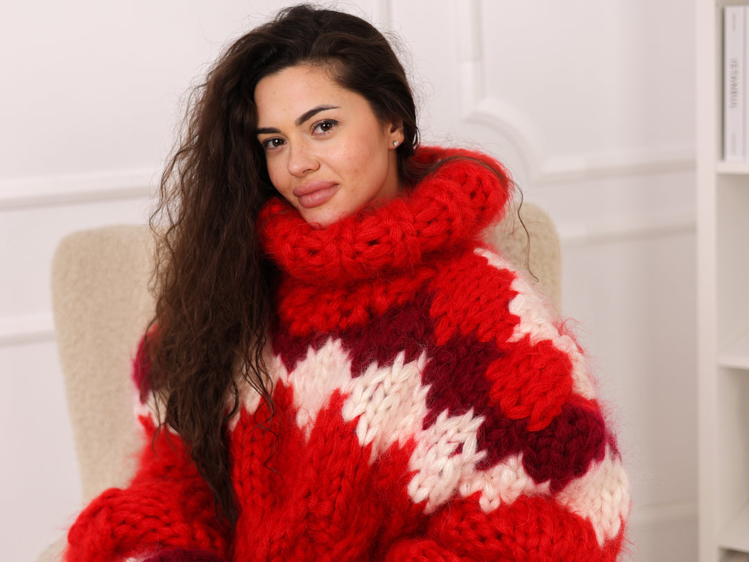 Mohair Sweater, Red Oversized Turtleneck Pullover, Chunky Nordic Knit Winter Style T2283
