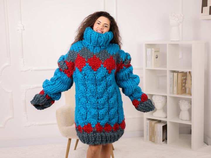 Icelandic Merino Wool Sweater, Cable Knit Pullover, Oversized Turtleneck Chunky Knit T2284