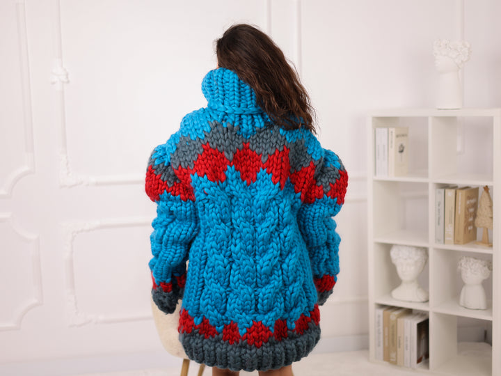 Icelandic Merino Wool Sweater, Cable Knit Pullover, Oversized Turtleneck Chunky Knit T2284