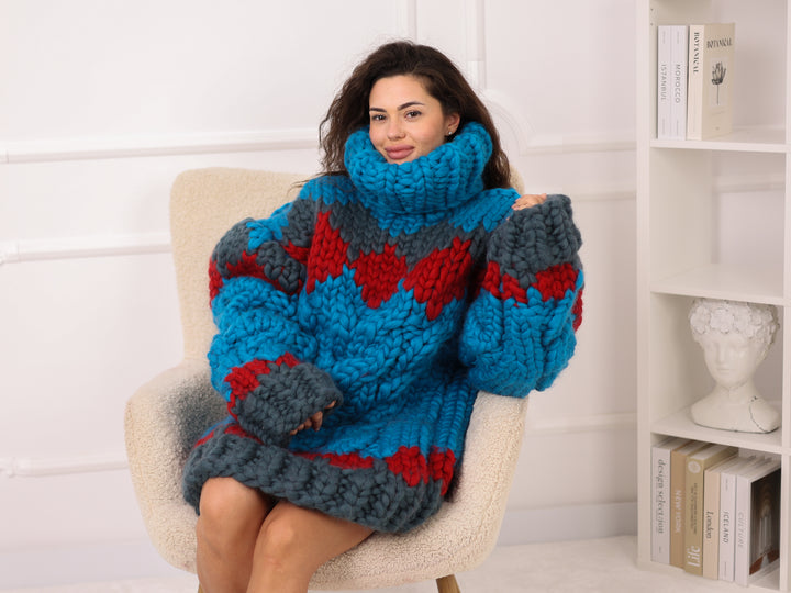 Icelandic Merino Wool Sweater, Cable Knit Pullover, Oversized Turtleneck Chunky Knit T2284