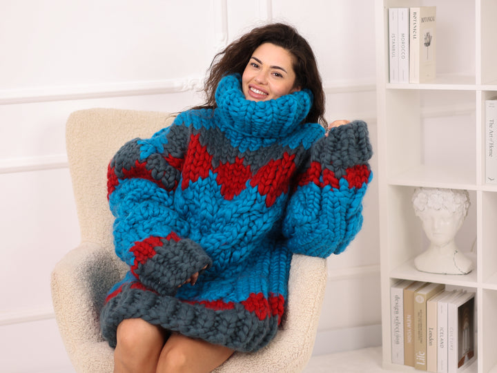 Icelandic Merino Wool Sweater, Cable Knit Pullover, Oversized Turtleneck Chunky Knit T2284