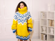 Isländischer Mohair-Pullover, gelber Fair Isle Pullover, übergroßer Rollkragen-Grobstickpullover T2282