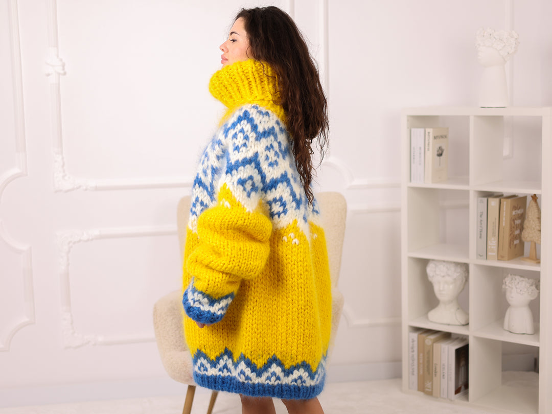 Icelandic Mohair Sweater, Yellow Fair Isle Pullover, Oversized Turtleneck Chunky Knit T2282