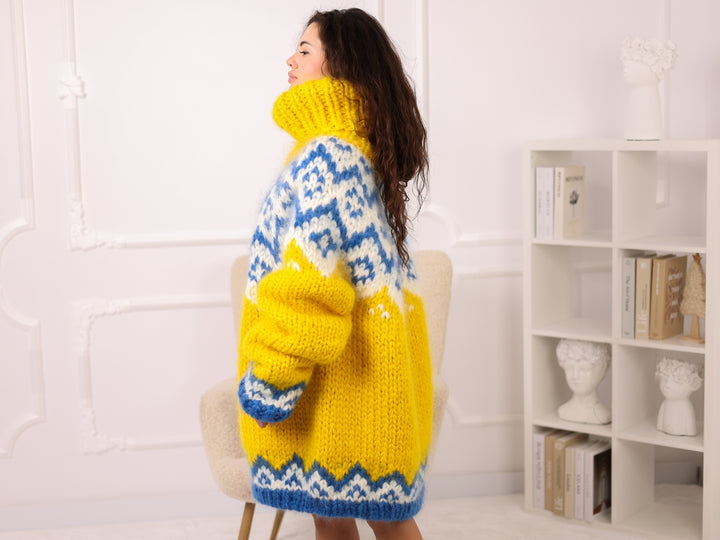Icelandic Mohair Sweater, Yellow Fair Isle Pullover, Oversized Turtleneck Chunky Knit T2282