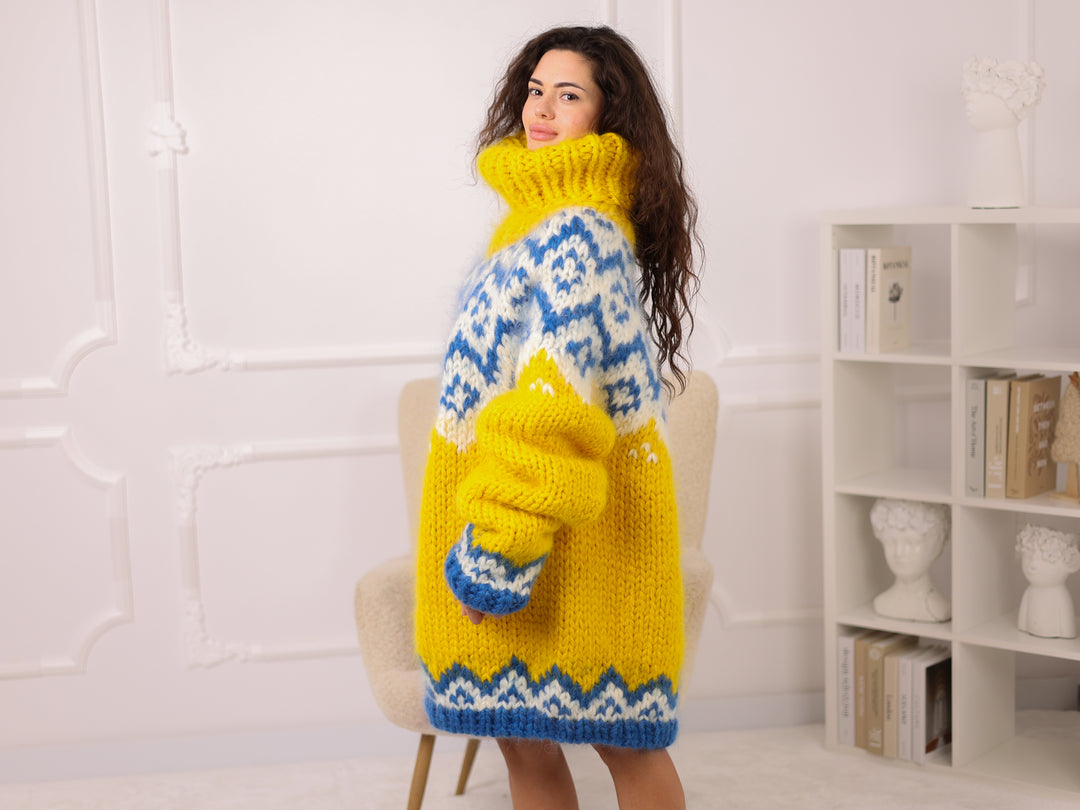 Icelandic Mohair Sweater, Yellow Fair Isle Pullover, Oversized Turtleneck Chunky Knit T2282