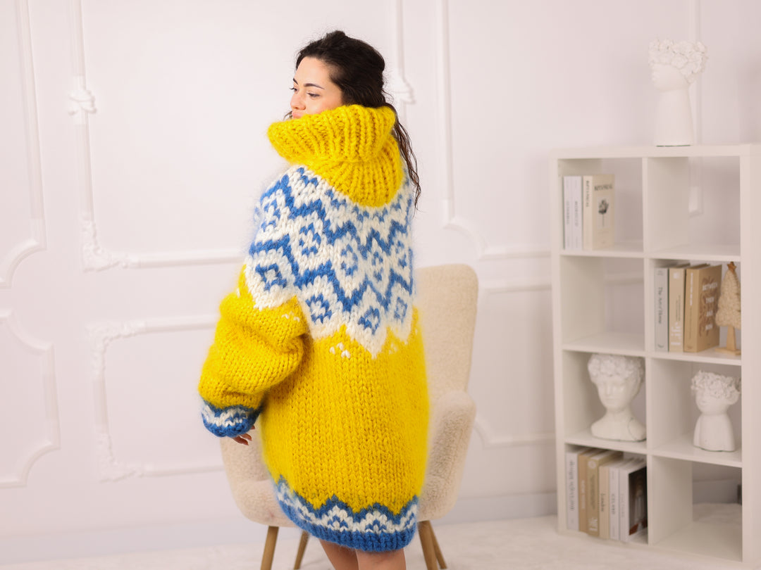Icelandic Mohair Sweater, Yellow Fair Isle Pullover, Oversized Turtleneck Chunky Knit T2282