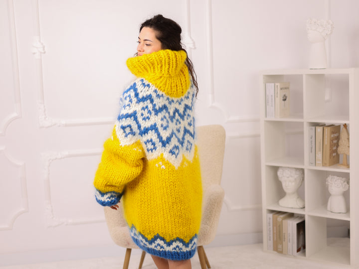 Icelandic Mohair Sweater, Yellow Fair Isle Pullover, Oversized Turtleneck Chunky Knit T2282