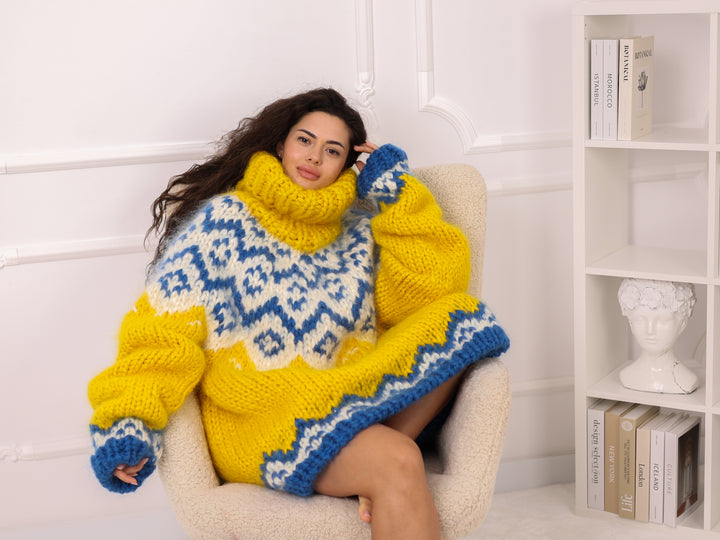 Icelandic Mohair Sweater, Yellow Fair Isle Pullover, Oversized Turtleneck Chunky Knit T2282