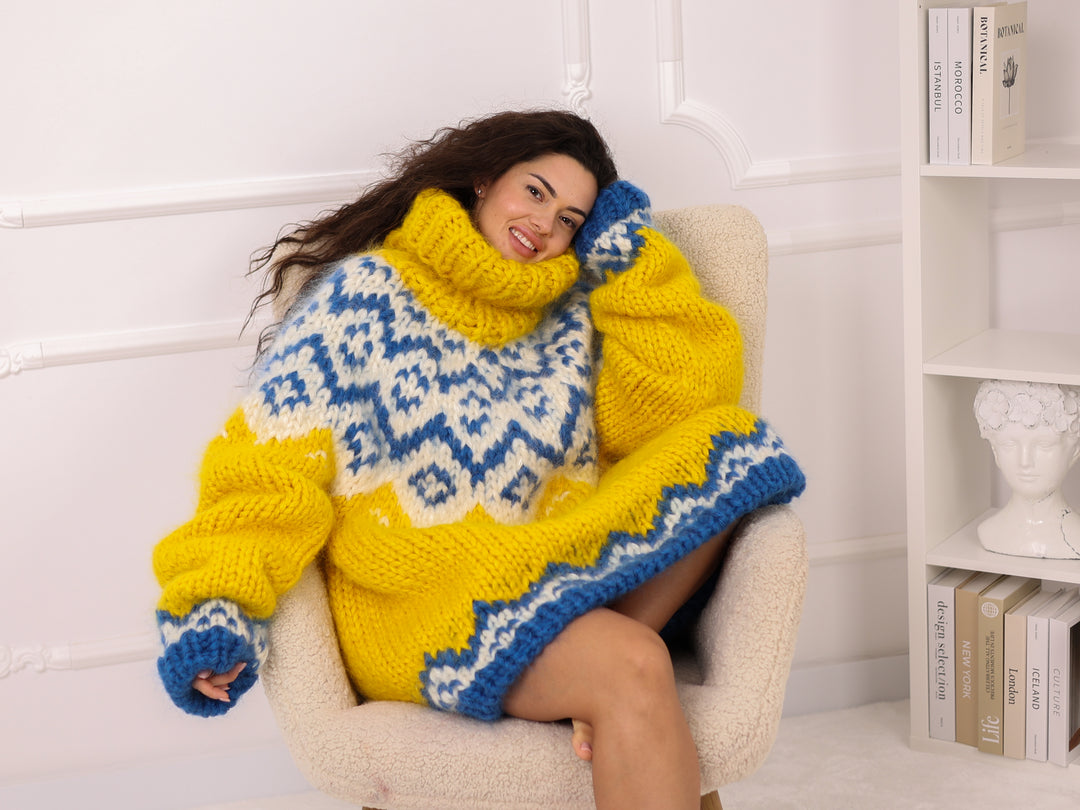Icelandic Mohair Sweater, Yellow Fair Isle Pullover, Oversized Turtleneck Chunky Knit T2282