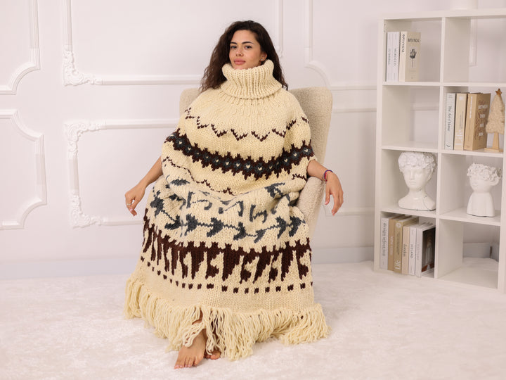 Wool Poncho, Icelandic Pattern Cape, Fringe Hem Turtleneck Winter Wrap Knit T2285