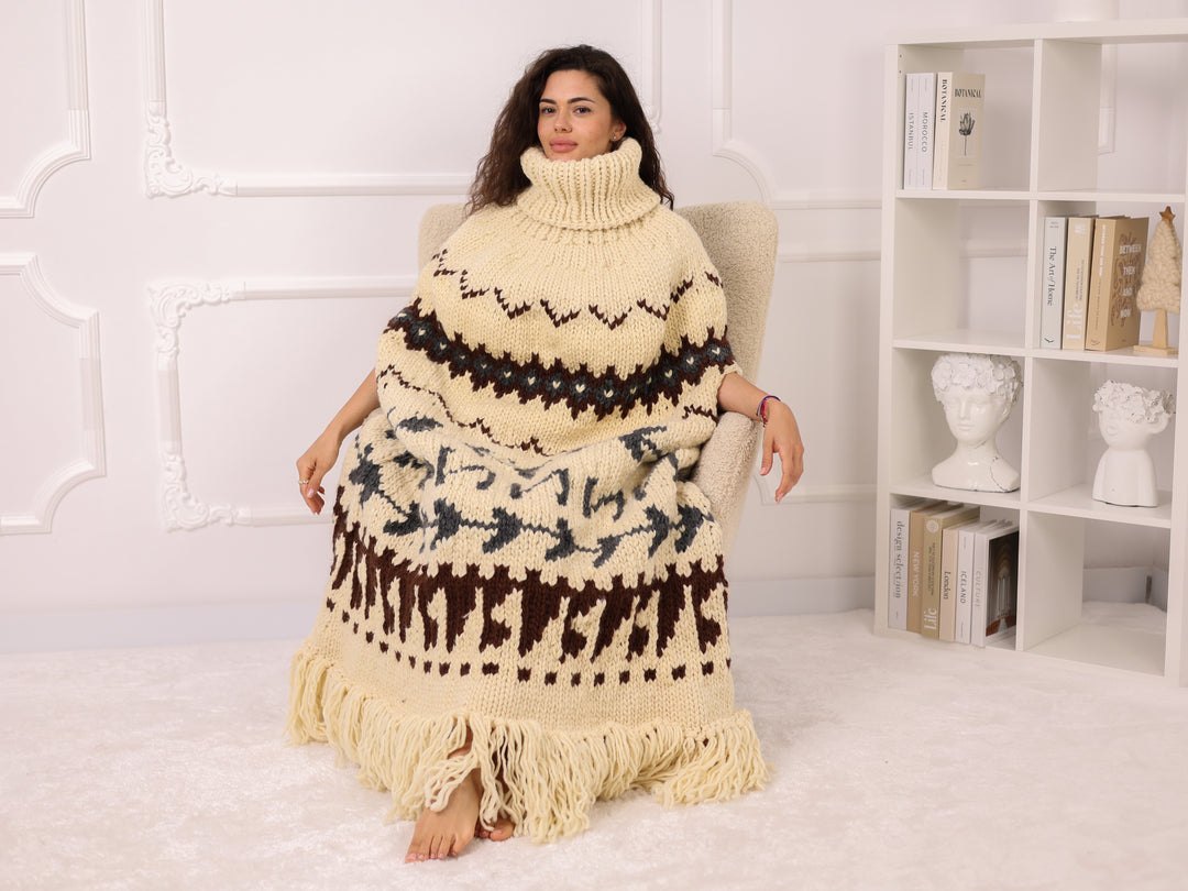 Wool Poncho, Icelandic Pattern Cape, Fringe Hem Turtleneck Winter Wrap Knit T2285