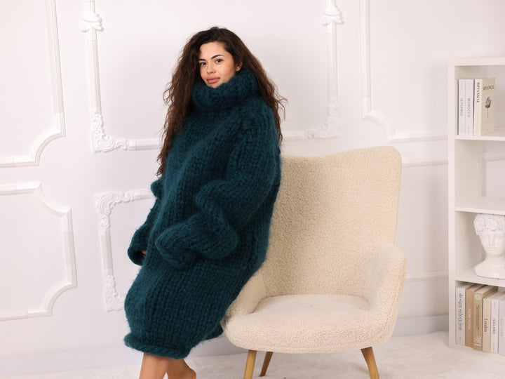 Mohair Sweater Dress, 100cm Long Oversized Fuzzy Knit, 25 Strand Winter Pullover, T2279