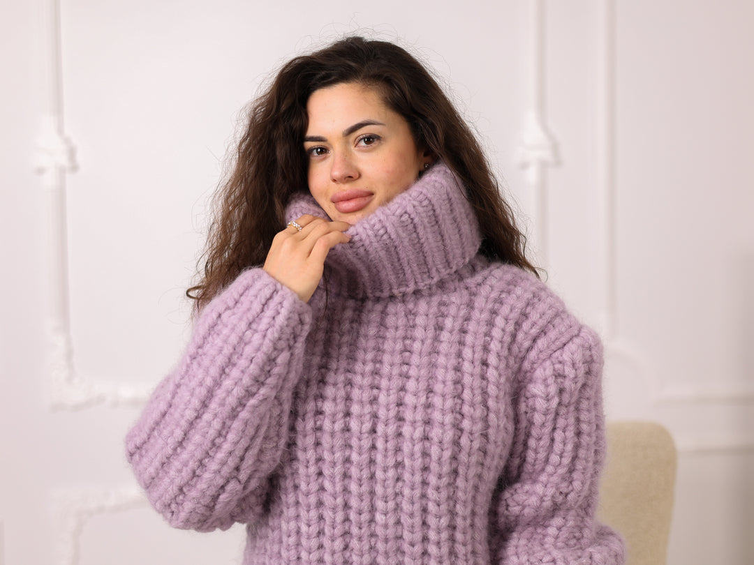 Purple Alpaca Sweater, 30 Strand English Rib Knit, Hand Knitted Fluffy Texture T2220