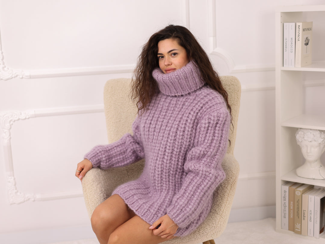 Purple Alpaca Sweater, 30 Strand English Rib Knit, Hand Knitted Fluffy Texture T2220