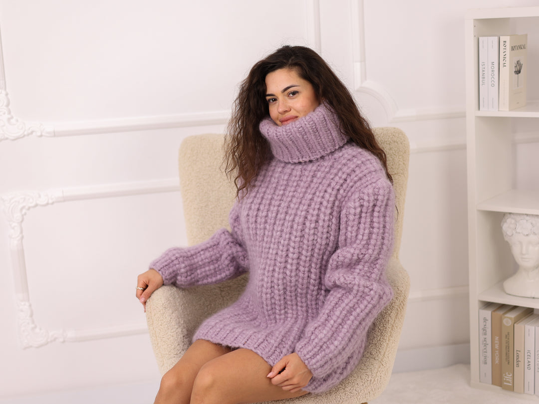 Purple Alpaca Sweater, 30 Strand English Rib Knit, Hand Knitted Fluffy Texture T2220