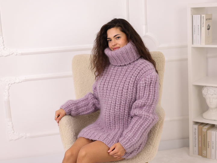 Purple Alpaca Sweater, 30 Strand English Rib Knit, Hand Knitted Fluffy Texture T2220