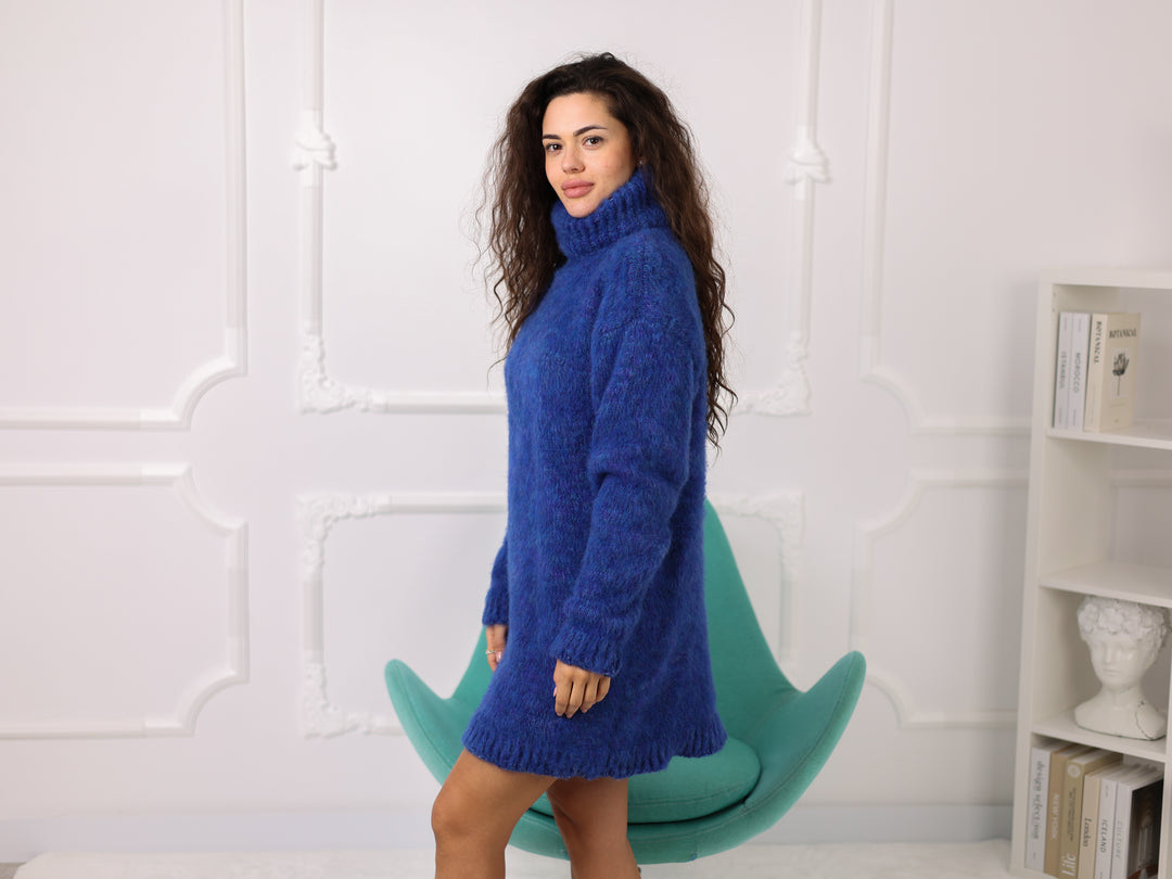 Blue Melange Alpaca Sweater, Oversized Turtleneck, Brushed Knit, Longline Fit T2268