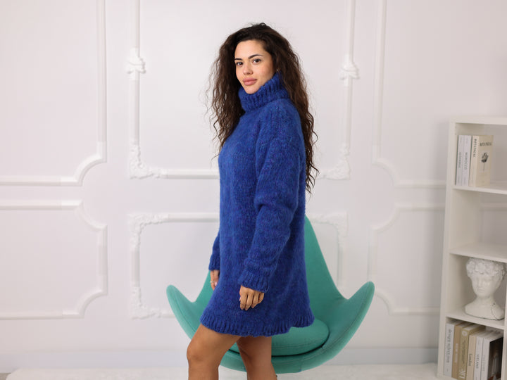 Blue Melange Alpaca Sweater, Oversized Turtleneck, Brushed Knit, Longline Fit T2268