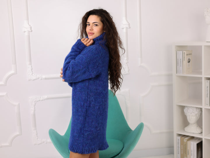 Blue Melange Alpaca Sweater, Oversized Turtleneck, Brushed Knit, Longline Fit T2268