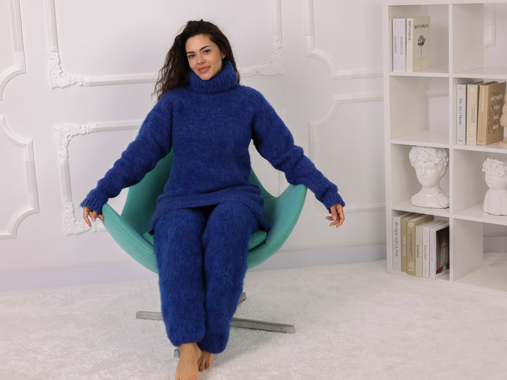 Blue Melange Alpaca Pants, Relaxed Fit, Brushed Knit, High Waist T2269
