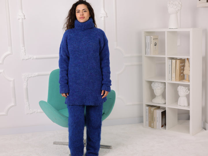 Blue Melange Alpaca Sweater and Pants Set, Brushed Knit, Oversized T2269