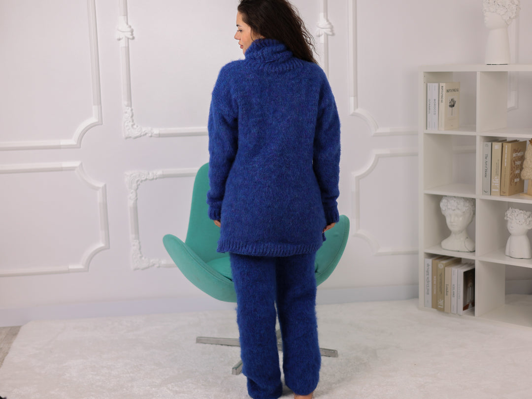 Blue Melange Alpaca Sweater and Pants Set, Brushed Knit, Oversized T2269