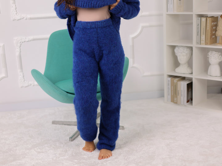 Blue Melange Alpaca Sweater and Pants Set, Brushed Knit, Oversized T2269