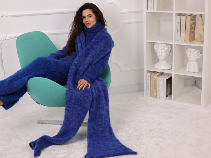 Blue Melange Alpaca Scarf, Brushed Knit, Oversized, Long, Fluffy T2270