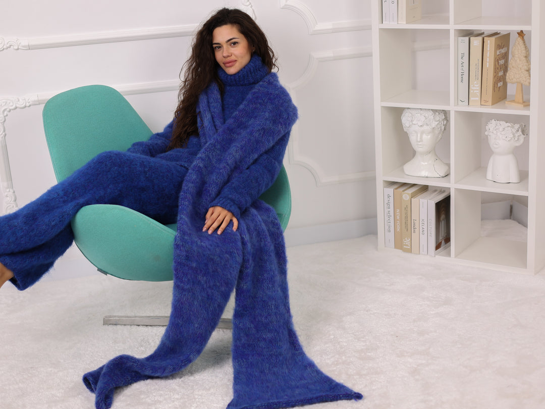 Blue Melange Alpaca Scarf, Brushed Knit, Oversized, Long, Fluffy T2270