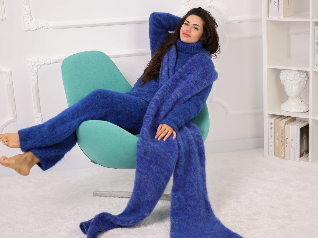 Blue Melange Alpaca Scarf, Brushed Knit, Oversized, Long, Fluffy T2270