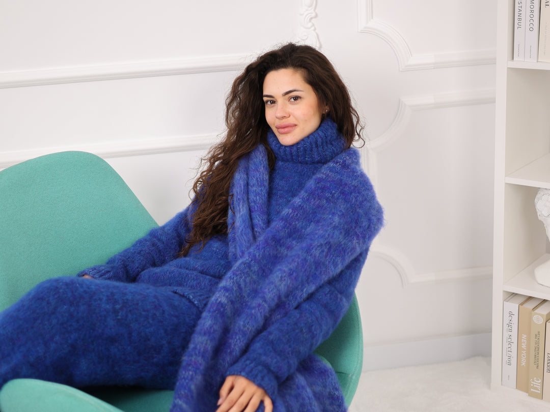 Blue Melange Alpaca Scarf, Brushed Knit, Oversized, Long, Fluffy T2270