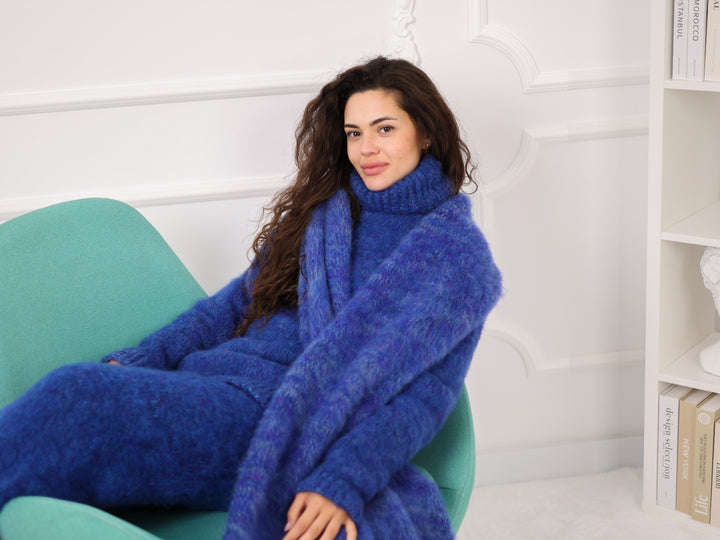 Blue Melange Alpaca Scarf, Brushed Knit, Oversized, Long, Fluffy T2270