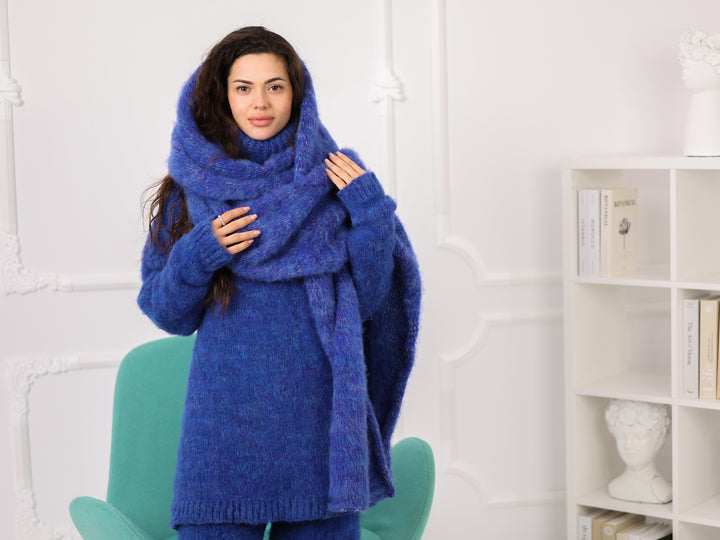 Blue Melange Alpaca Scarf, Brushed Knit, Oversized, Long, Fluffy T2270