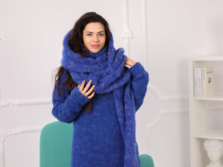 Blue Melange Alpaca Scarf, Brushed Knit, Oversized, Long, Fluffy T2270