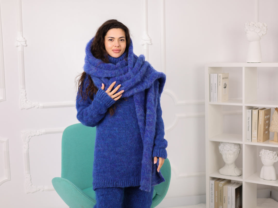 Blue Melange Alpaca Scarf, Brushed Knit, Oversized, Long, Fluffy T2270
