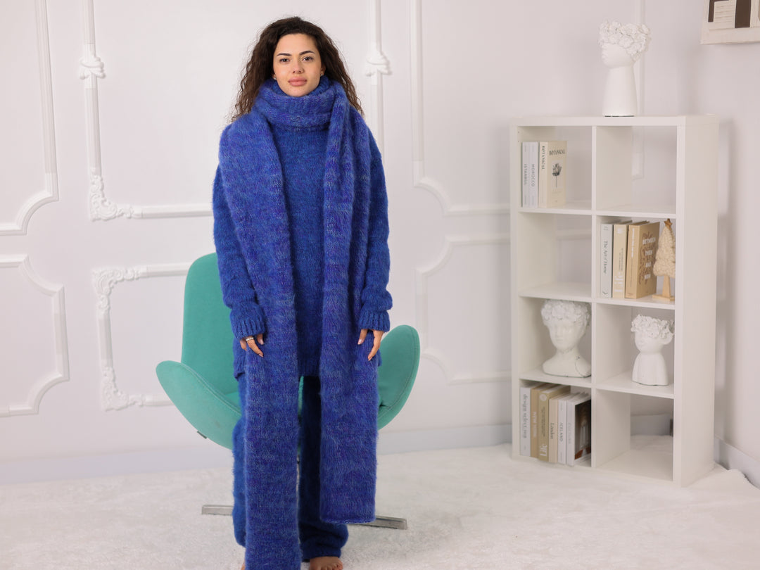 Blue Melange Alpaca Scarf, Brushed Knit, Oversized, Long, Fluffy T2270