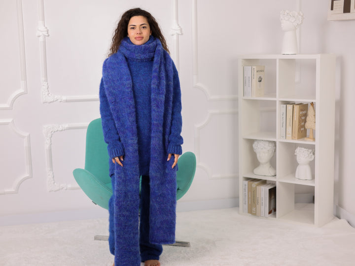 Blue Melange Alpaca Scarf, Brushed Knit, Oversized, Long, Fluffy T2270