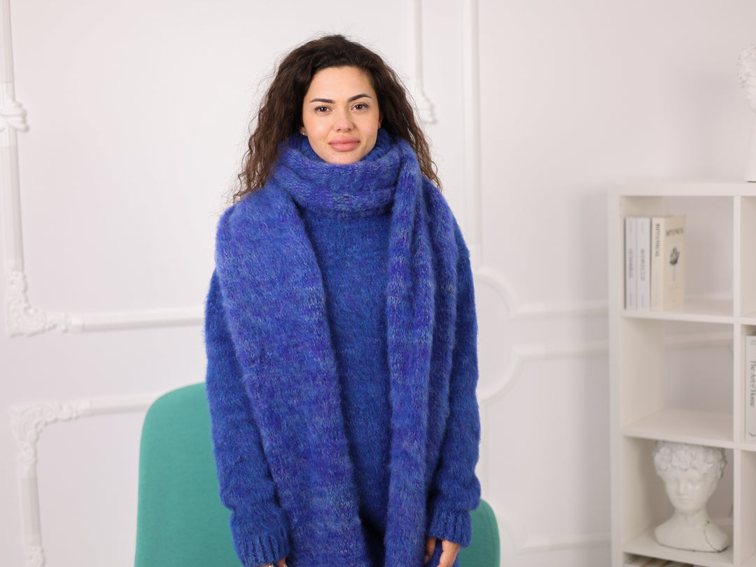 Blue Melange Alpaca Scarf, Brushed Knit, Oversized, Long, Fluffy T2270