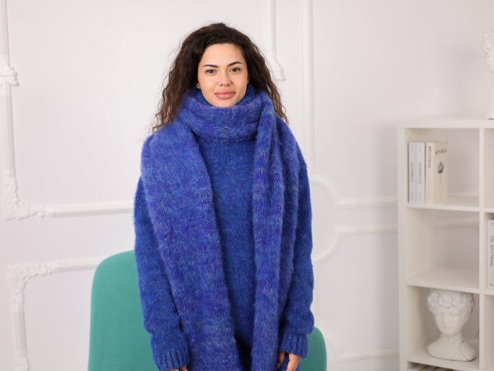 Blue Melange Alpaca Scarf, Brushed Knit, Oversized, Long, Fluffy T2270