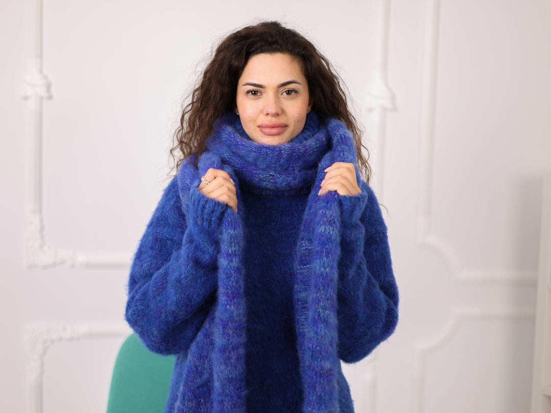 Blue Melange Alpaca Scarf, Brushed Knit, Oversized, Long, Fluffy T2270